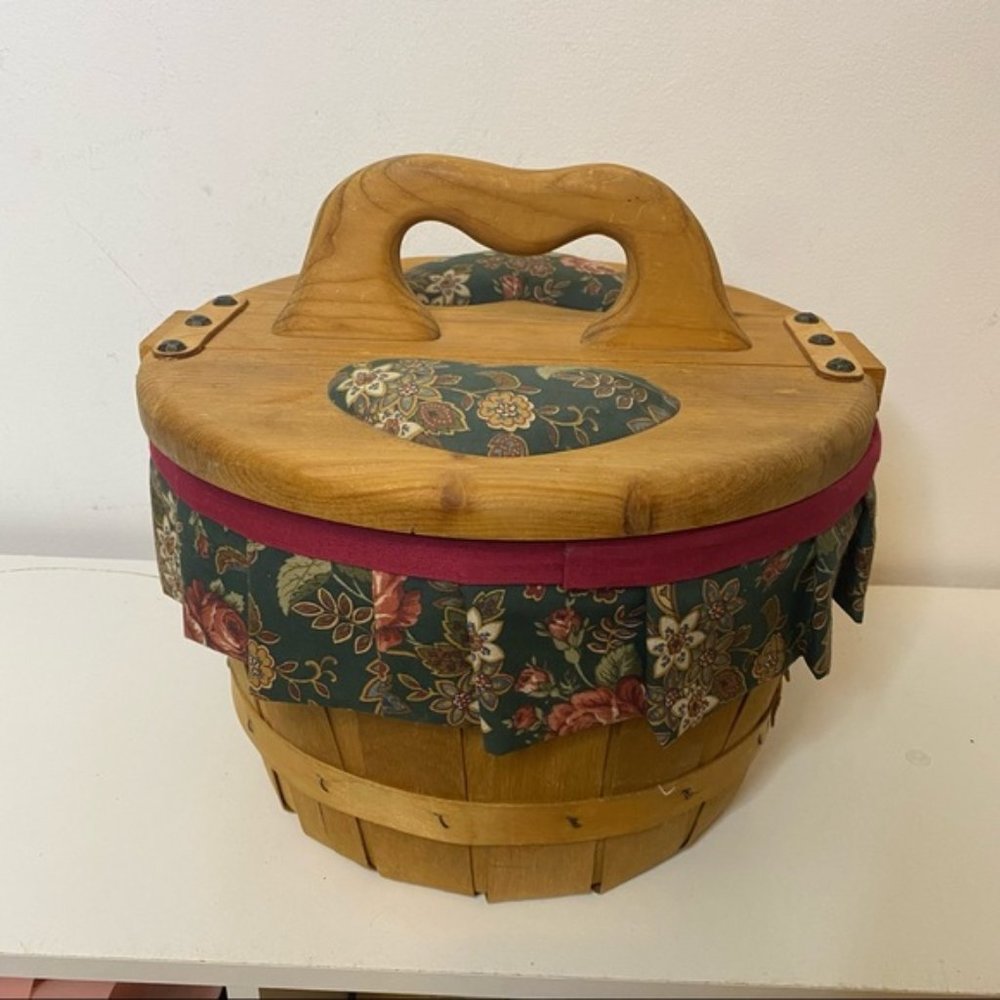 Vintage Wooden Heart Fabric Sewing Basket